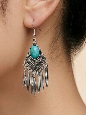 Turquoise Tassel Earrings Western Coastal Cowgirl Rodeo Country Concert Jewelry